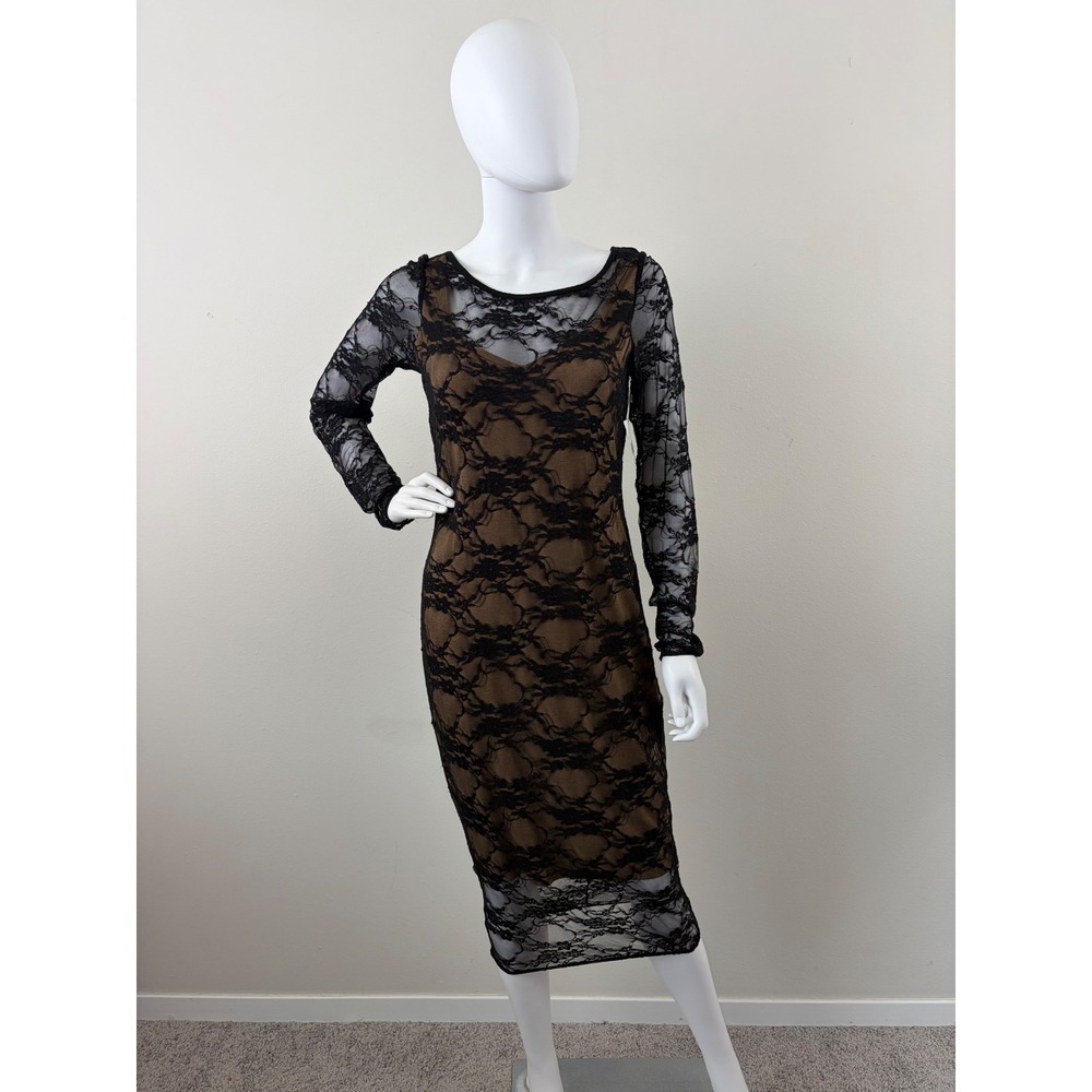 Nordstrom Extra Credit Dress Black Lace‎ Tan Bodycon Midi Long Sleeve Large NEW